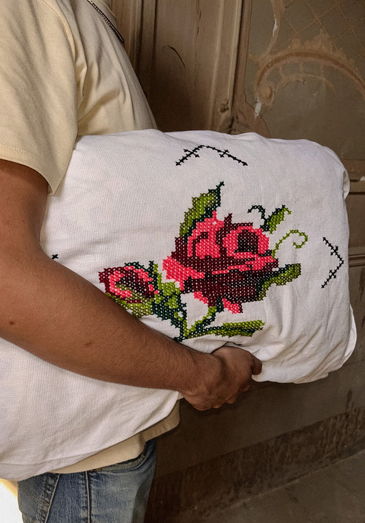 Hand-Embroidered Rose Pillowcase