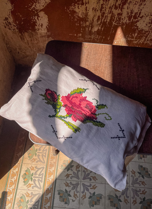 Hand-Embroidered Rose Pillowcase